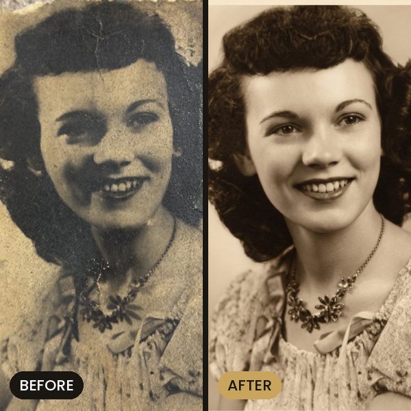 Gloria Grey's portrait, before and after restoration
